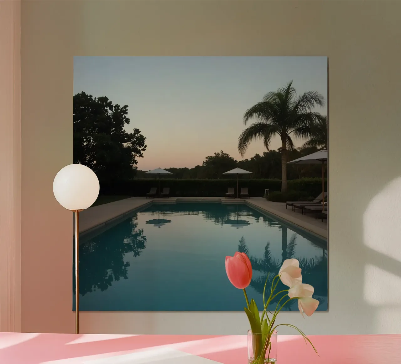 Swimming Pool Reflecting Palm Trees and Umbrellas at Dusk poster by DesignDoodle
