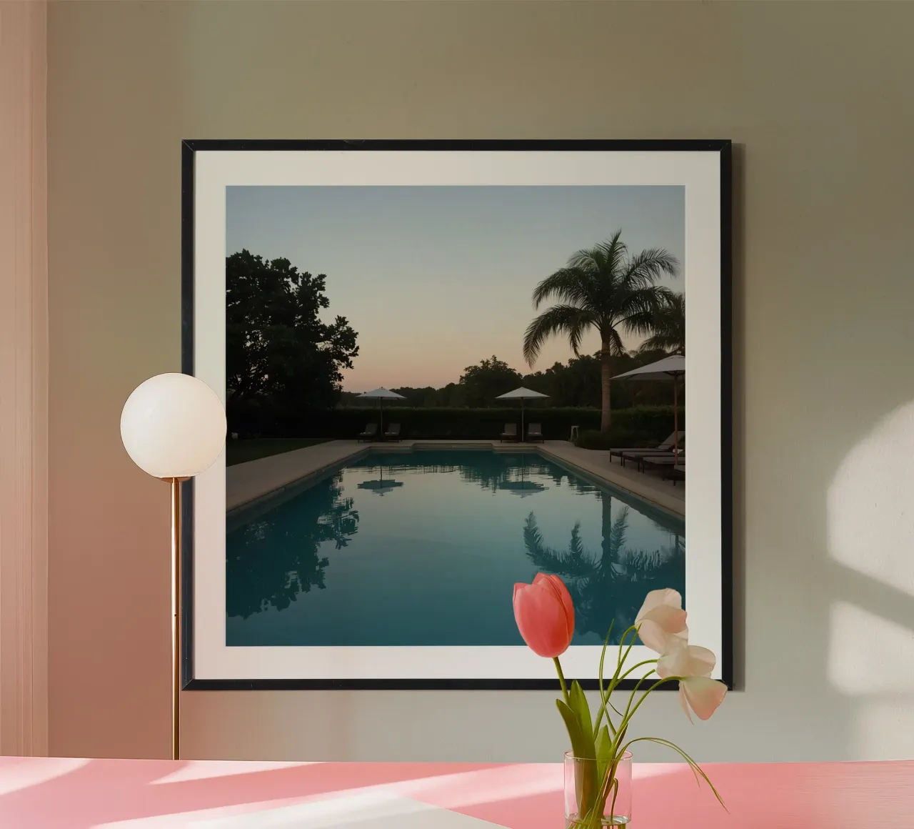 Swimming Pool Reflecting Palm Trees and Umbrellas at Dusk poster by DesignDoodle