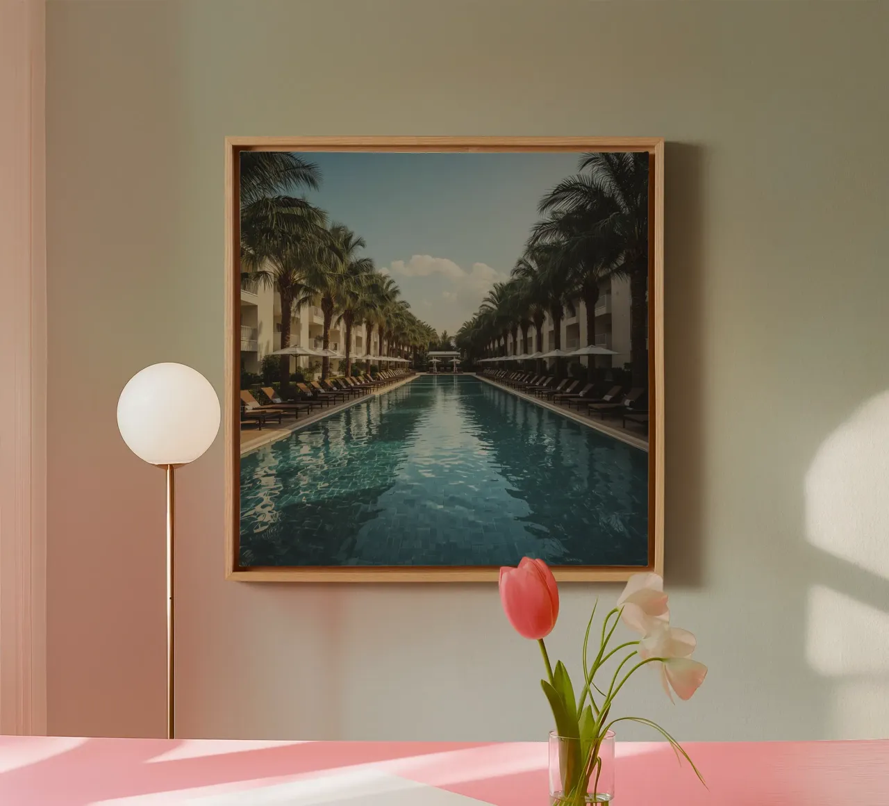 Swimming Pool Surrounded by Palm Trees and Lounge Chairs canvas with Floater frame by DesignDoodle