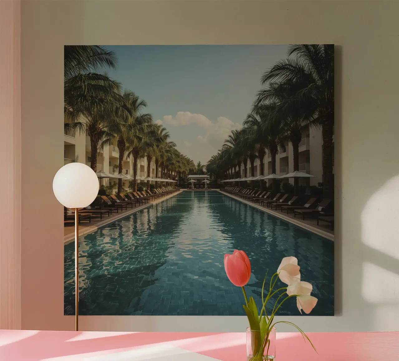 Swimming Pool Surrounded by Palm Trees and Lounge Chairs canvas with Floater frame by DesignDoodle