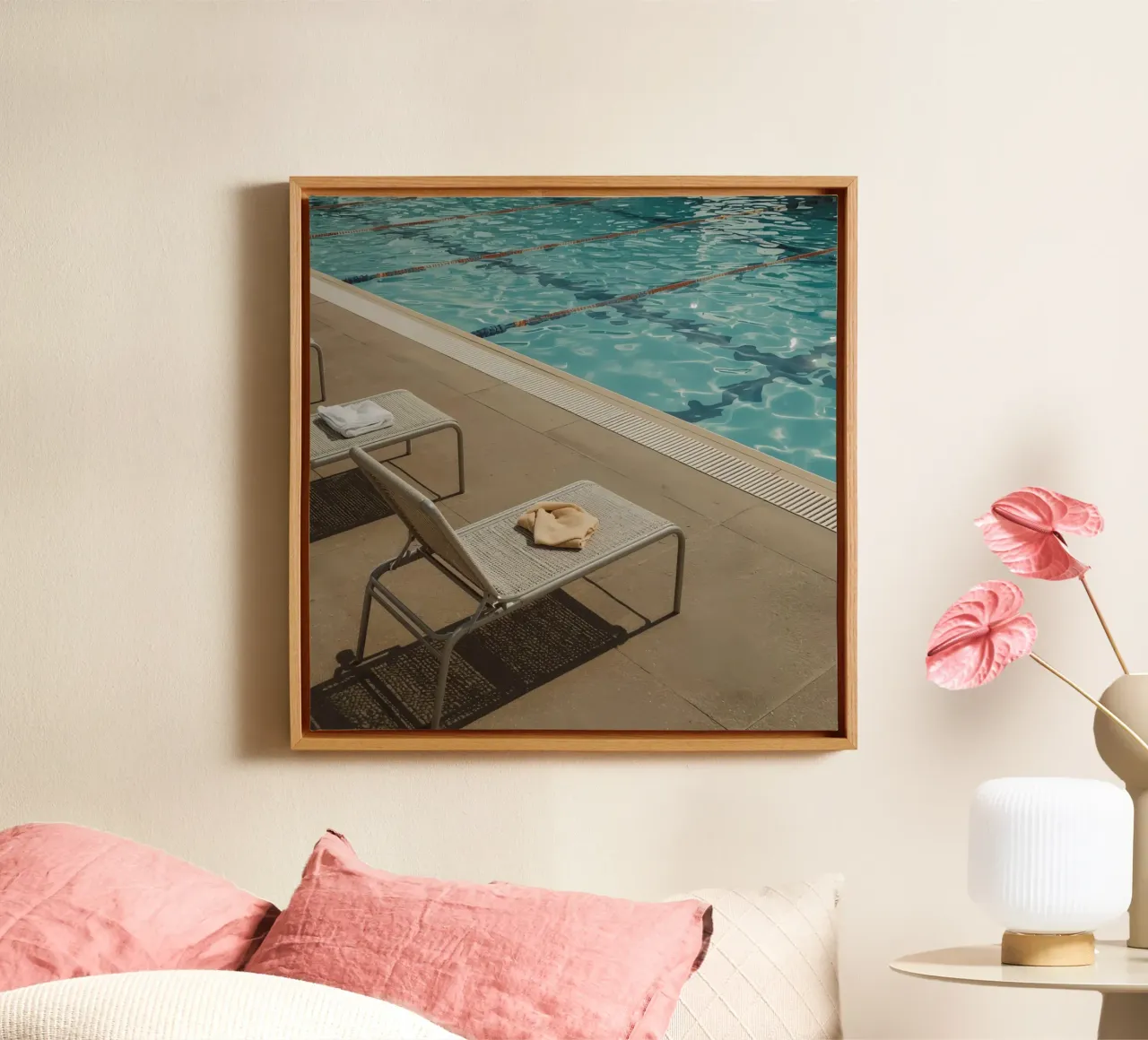 Swimming Pool with Lounge Chairs and Towels canvas with Floater frame by DesignDoodle