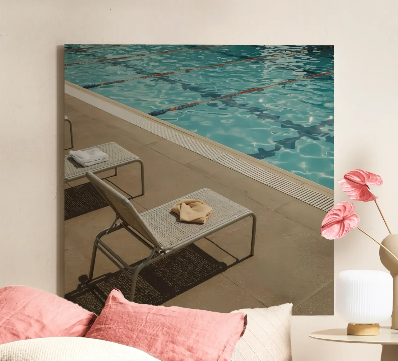 Swimming Pool with Lounge Chairs and Towels canvas with Floater frame by DesignDoodle