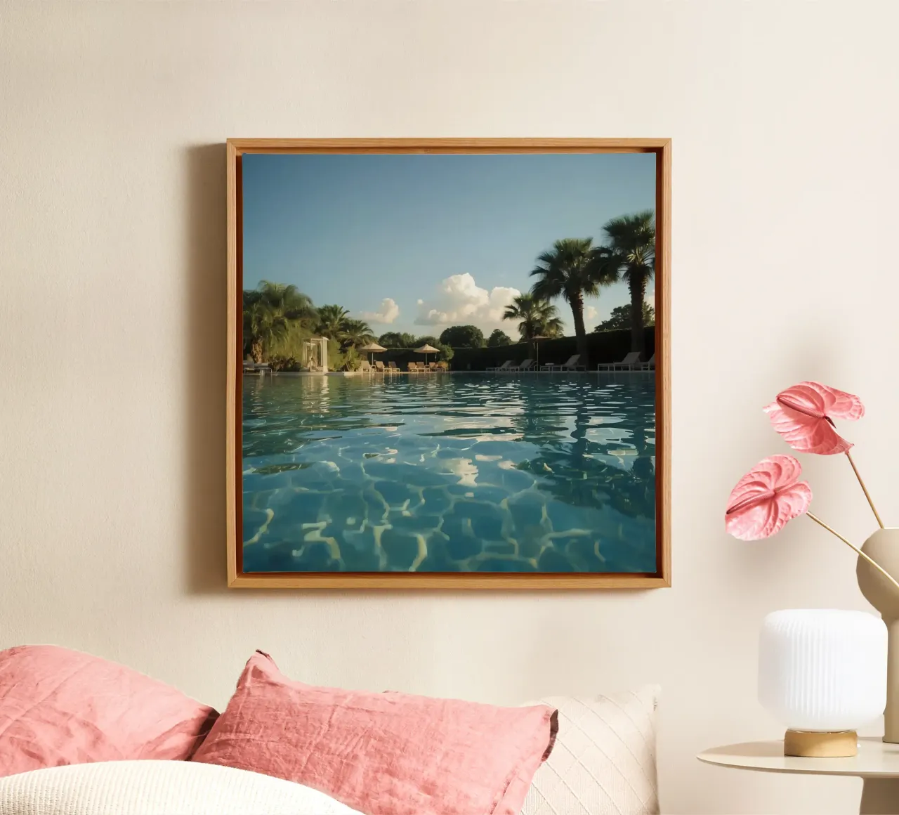 Swimming Pool with Palm Trees and Lounge Chairs canvas with Floater frame by DesignDoodle
