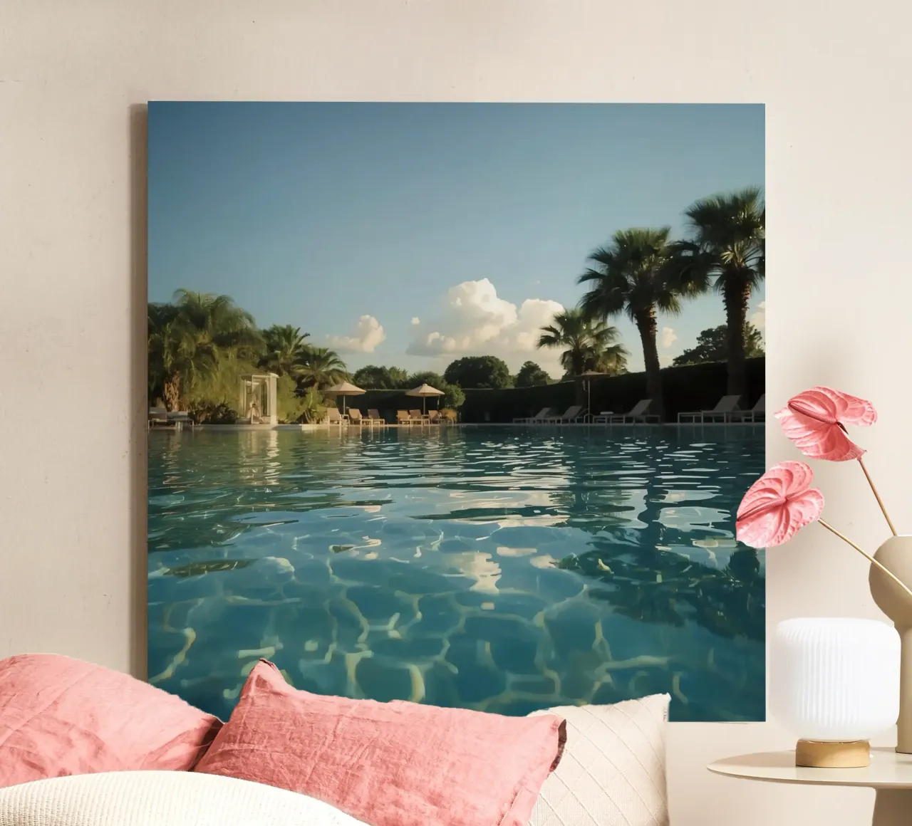 Swimming Pool with Palm Trees and Lounge Chairs canvas with Floater frame by DesignDoodle