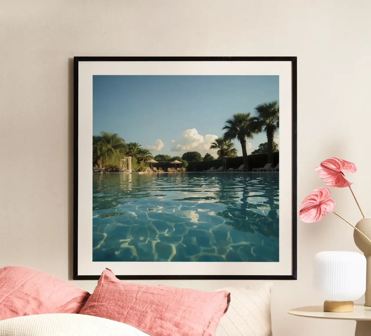 Swimming Pool with Palm Trees and Lounge Chairs poster with plastic frame by DesignDoodle