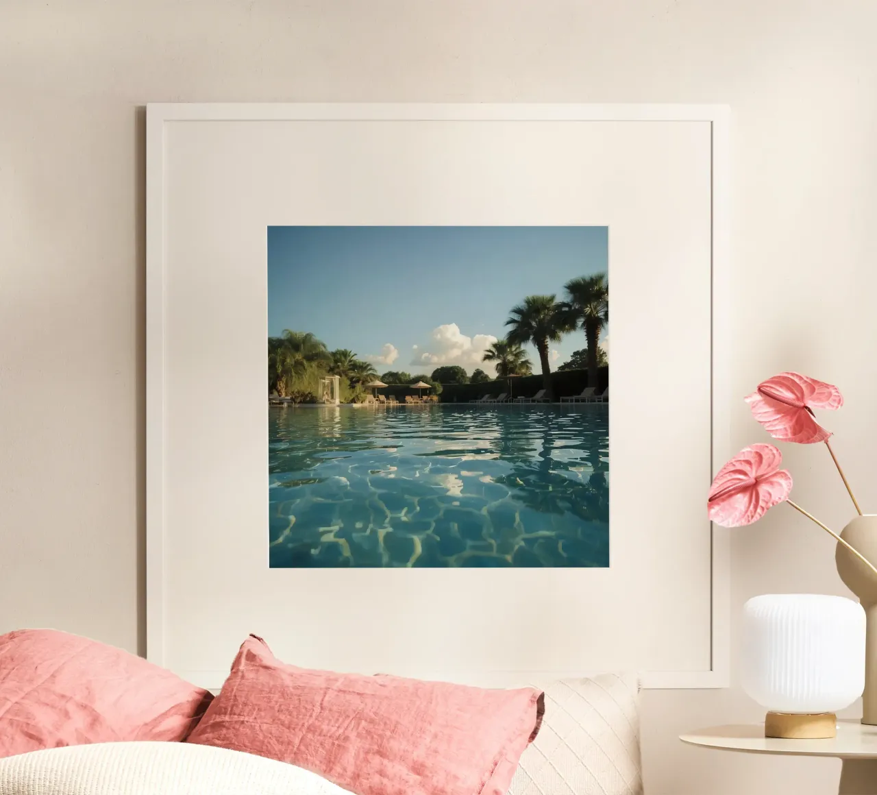 Swimming Pool with Palm Trees and Lounge Chairs poster with plastic frame by DesignDoodle