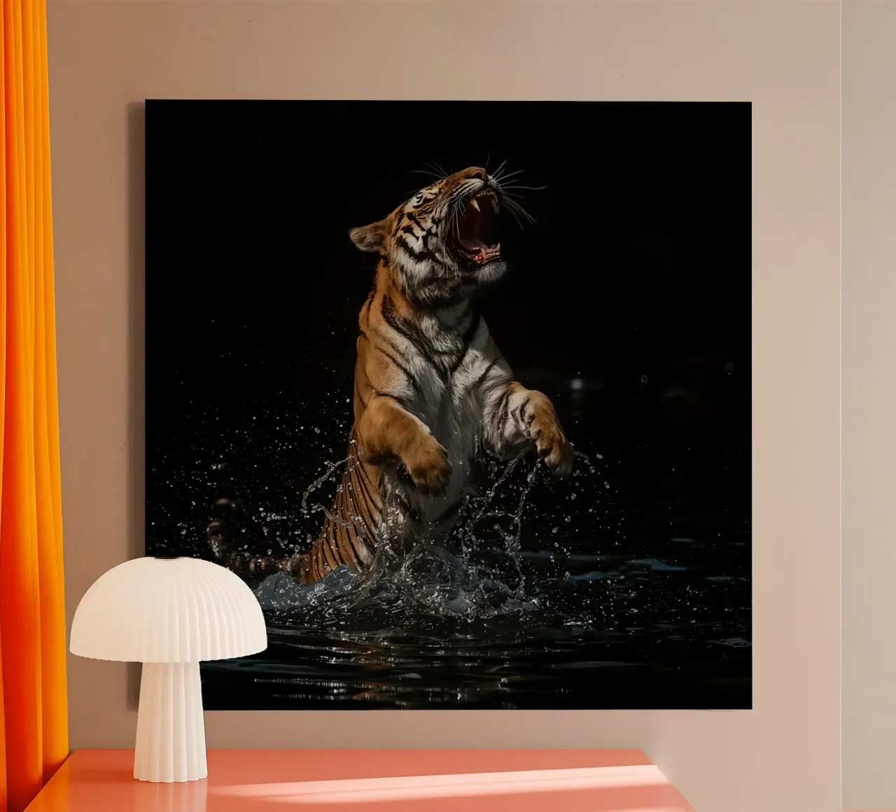 Tijger komt uit het water met open mond canvas met Baklijst van DesignDoodle