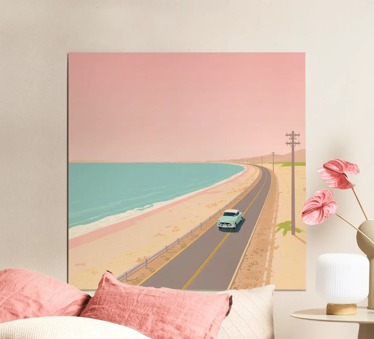 Auto d'epoca su strada costiera con spiaggia e pali telefonici poster da DesignDoodle
