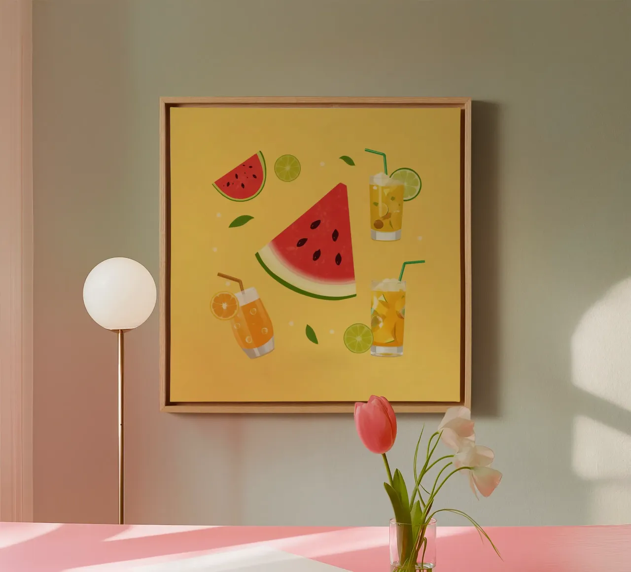 Watermelon Slices and Citrus Drinks Illustration canvas with Floater frame by DesignDoodle