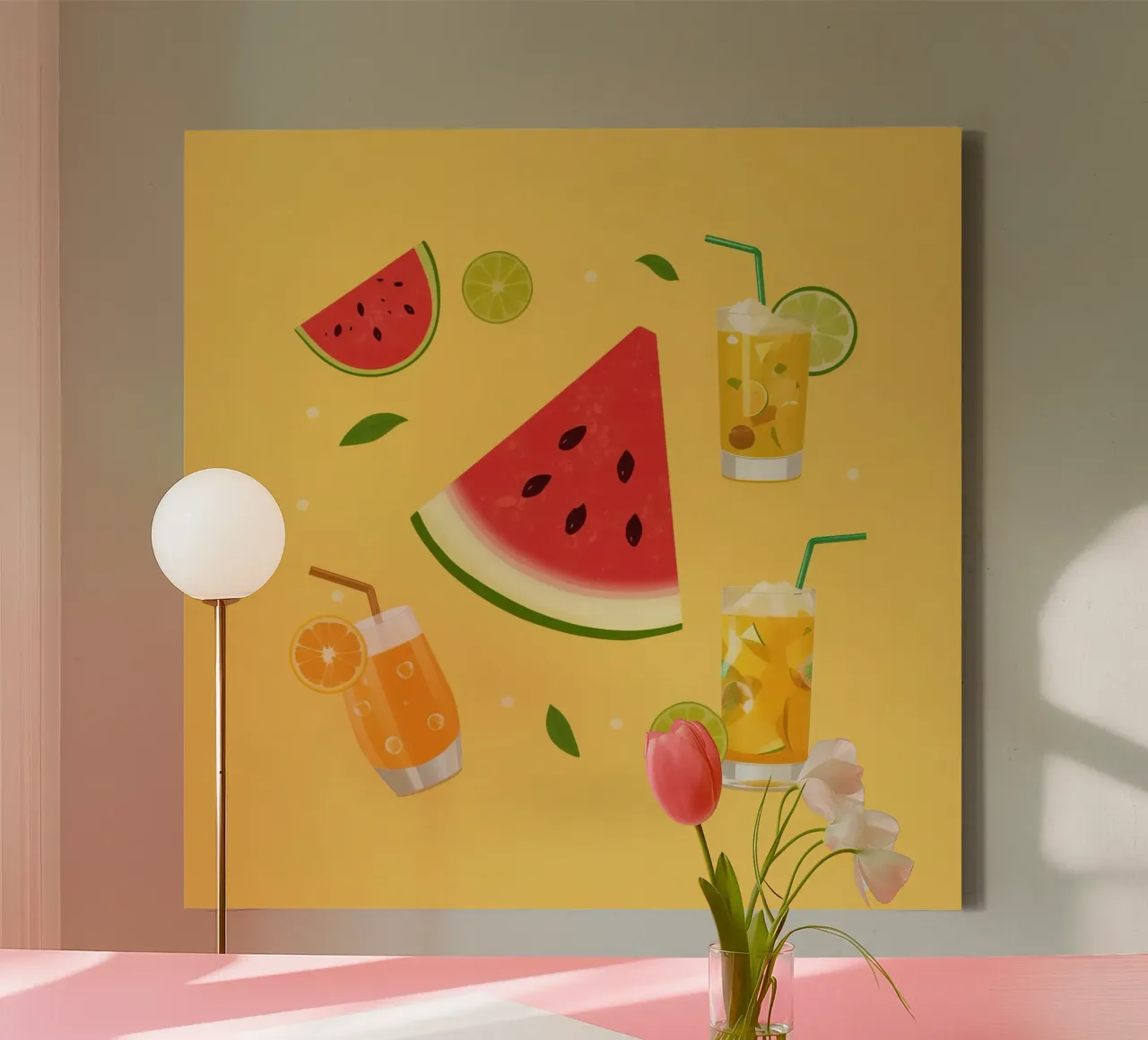 Watermelon Slices and Citrus Drinks Illustration canvas with Floater frame by DesignDoodle