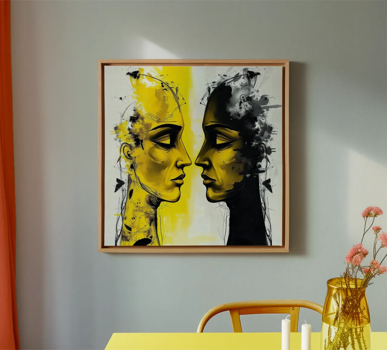 Mirror_image_yellow_4 canvas with Floater frame by AI-Portraits by LK