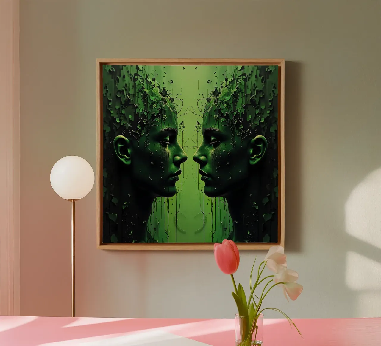 Mirror_image_green_1 canvas with Floater frame by AI-Portraits by LK