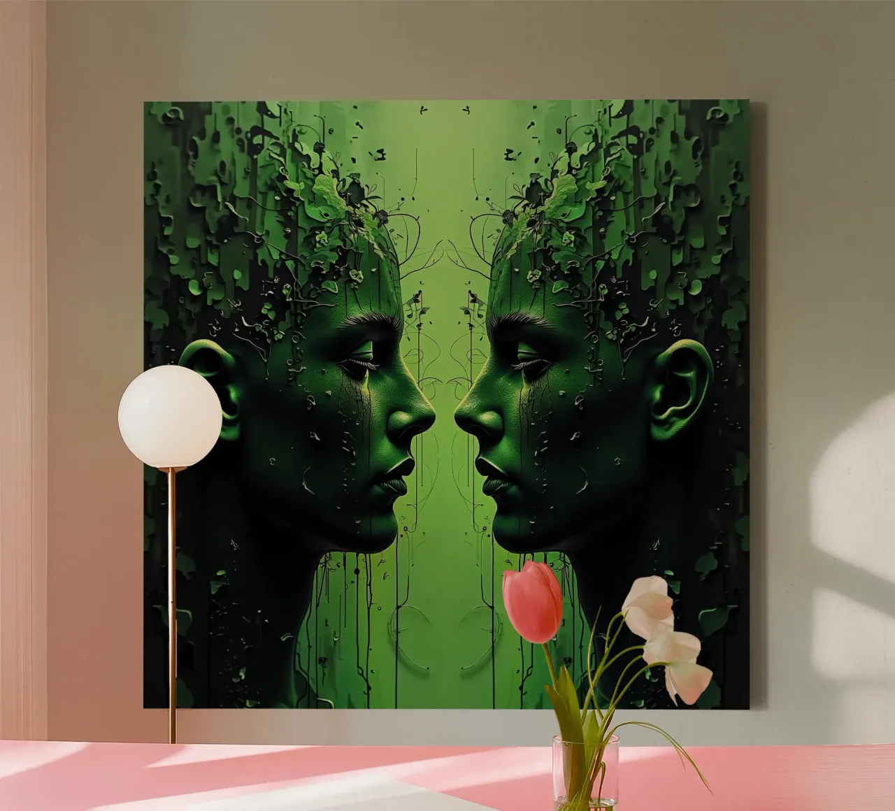 Mirror_image_green_1 canvas with Floater frame by AI-Portraits by LK