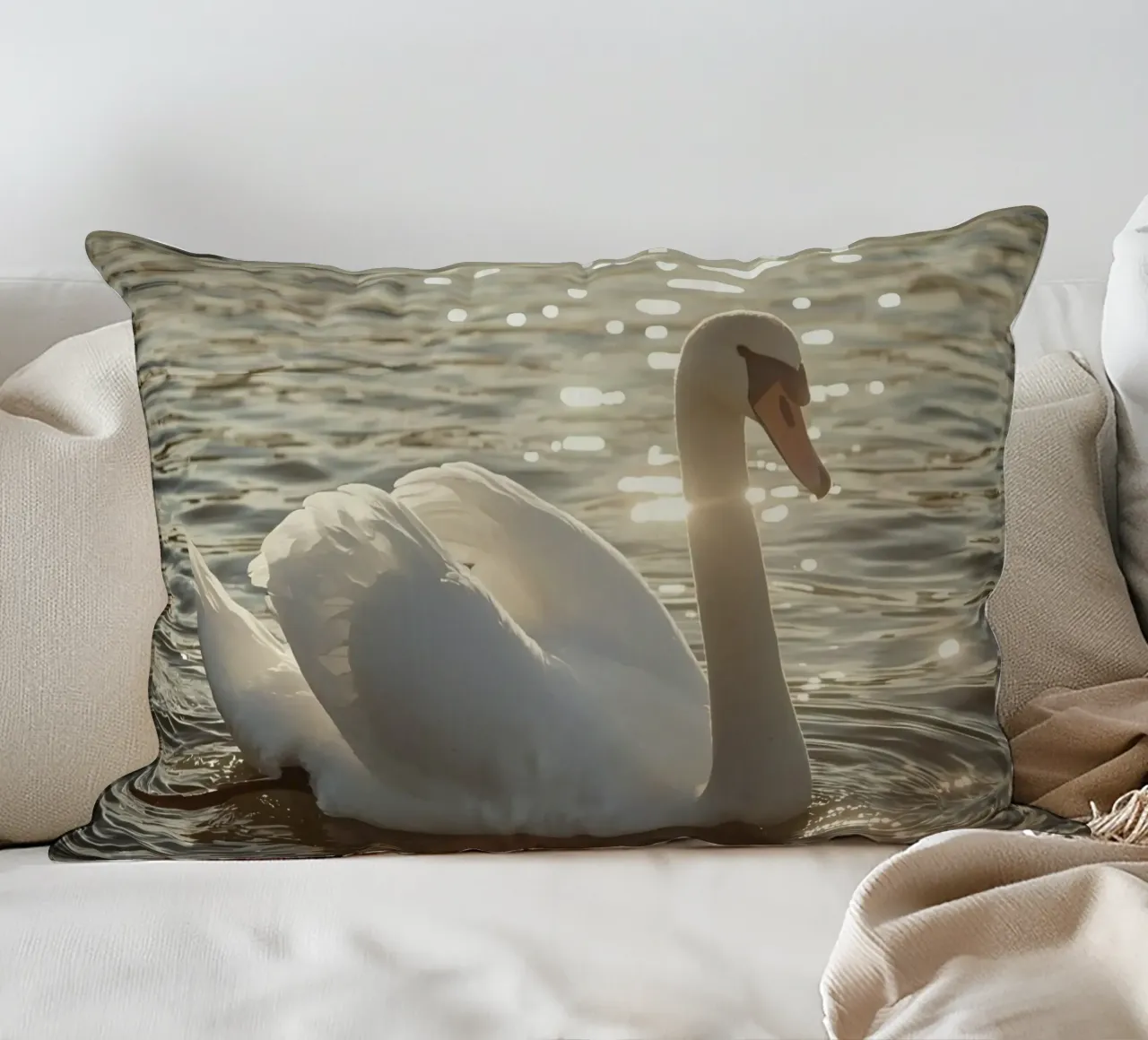 Cigno bianco sull'acqua con riflessi di luce solare cuscino da DesignDoodle