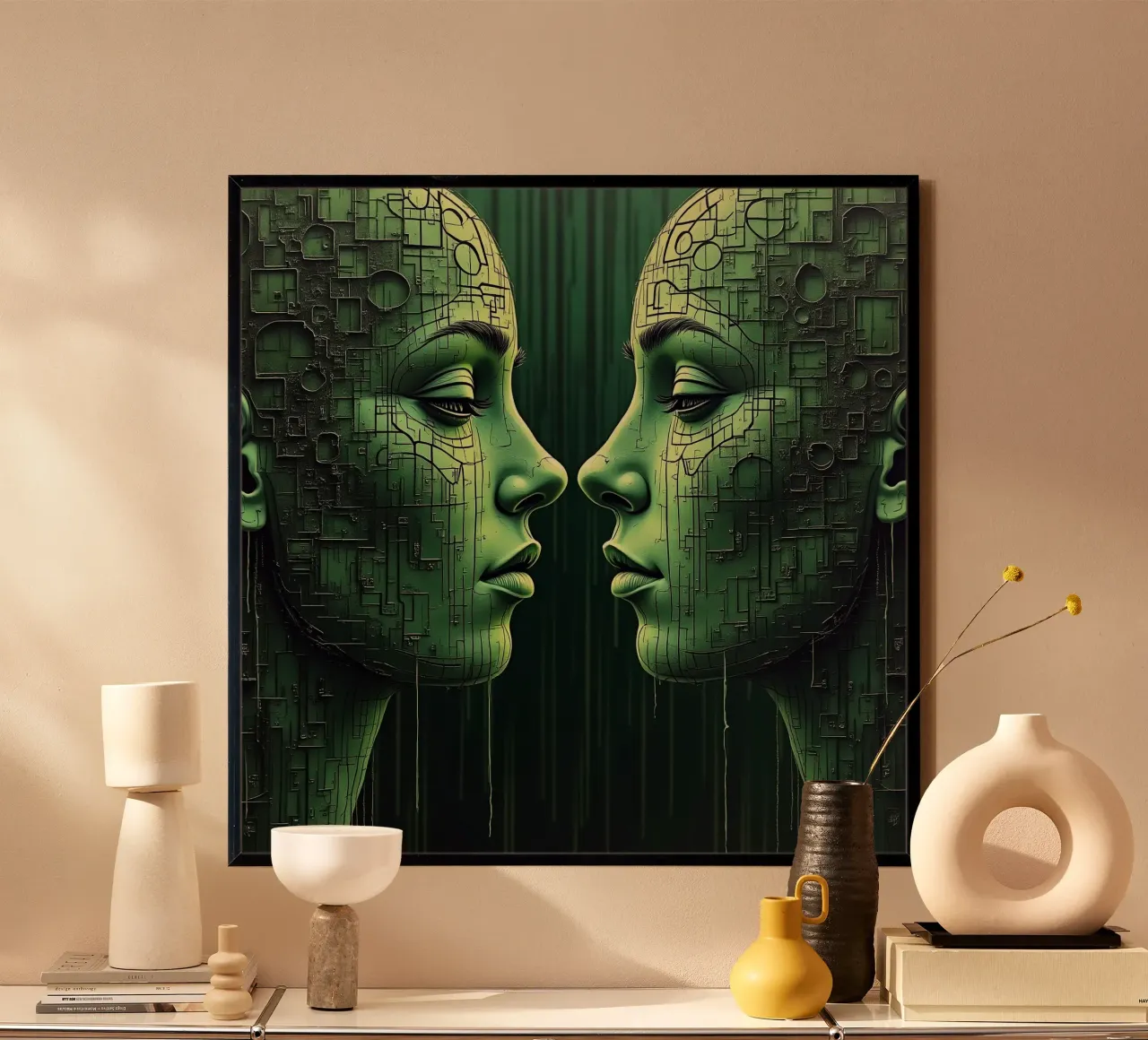 Immagine_specchio_verde_3 poster con telaio in alluminio da AI-Portraits by LK