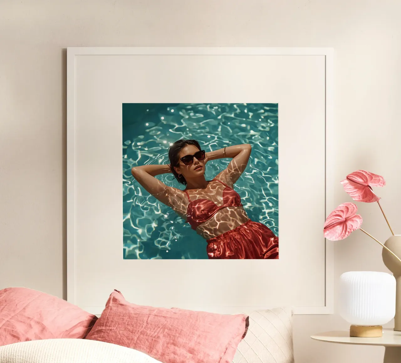 Drijvende vrouw in zwembad met zonnebril poster van DesignDoodle