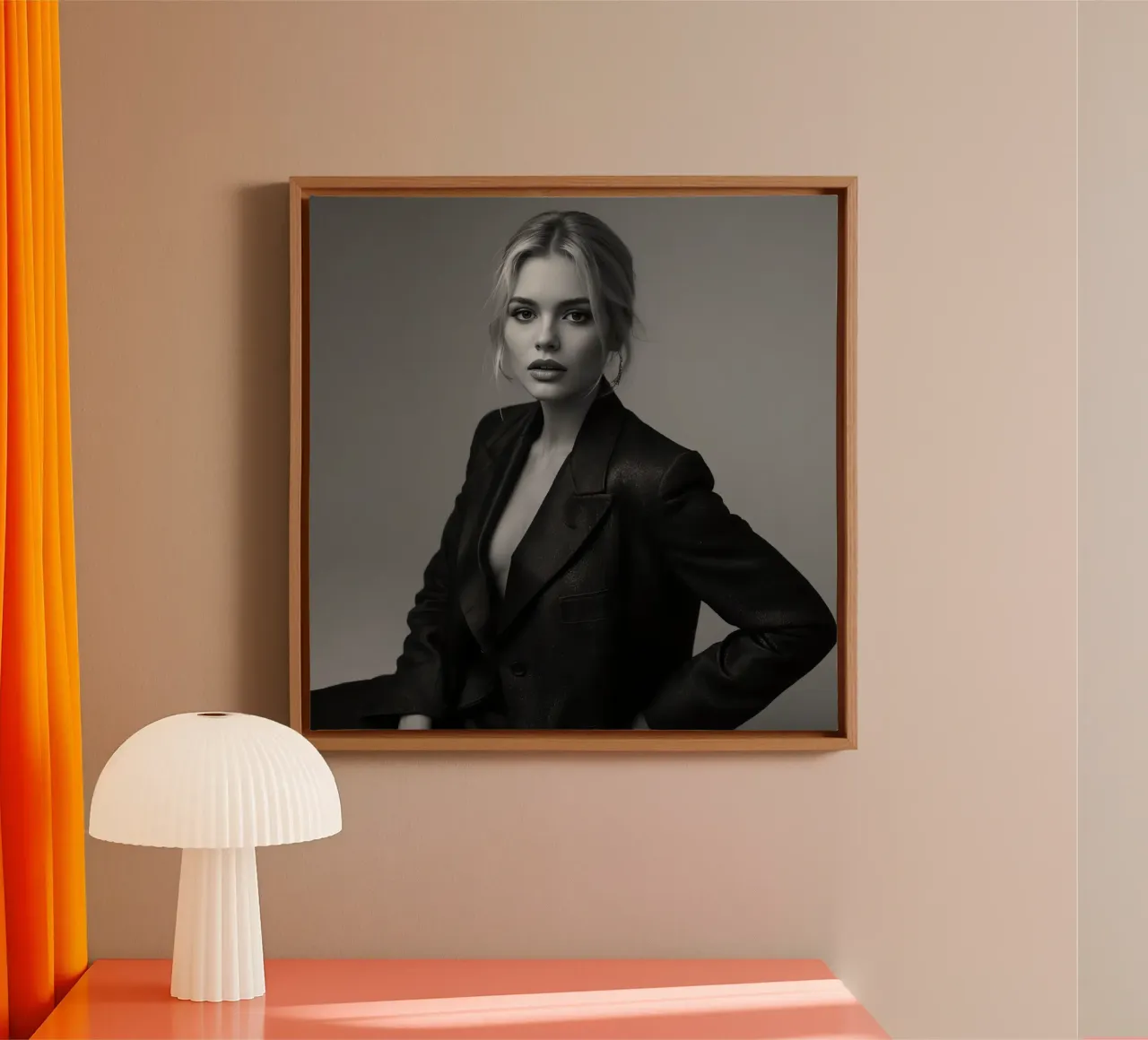 Donna in blazer Ritratto in bianco e nero tela con Cornice a cassetta da DesignDoodle
