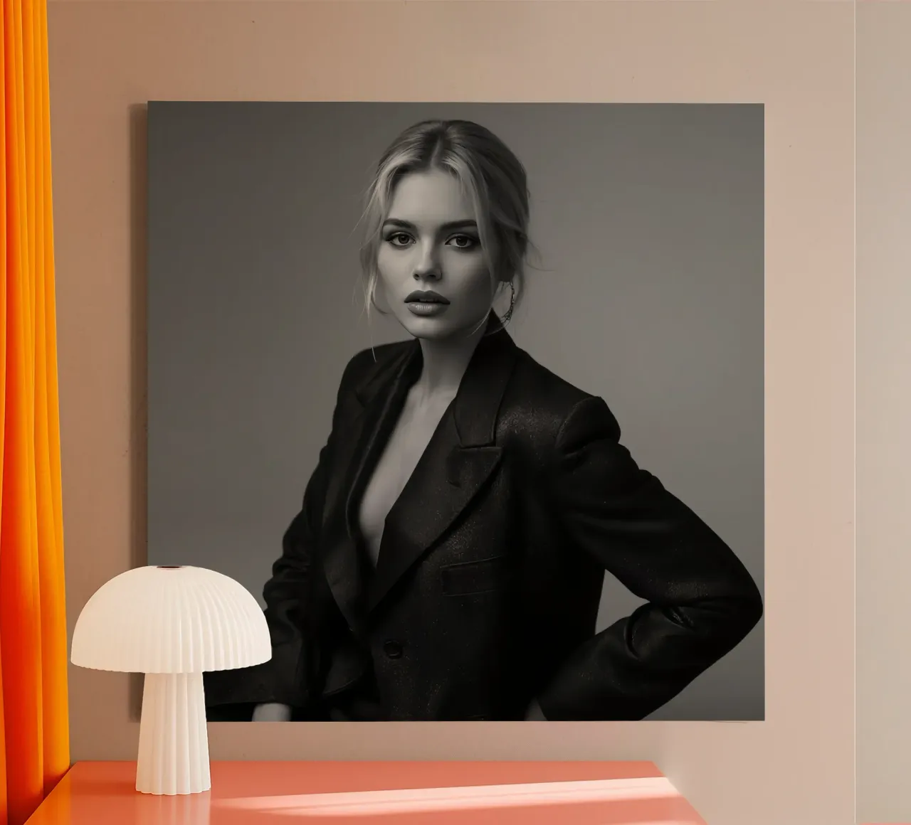 Donna in blazer Ritratto in bianco e nero tela con Cornice a cassetta da DesignDoodle
