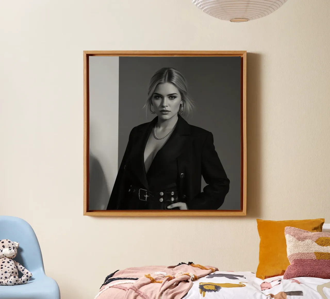 Donna in blazer con gioielli Ritratto in bianco e nero tela con Cornice a cassetta da DesignDoodle