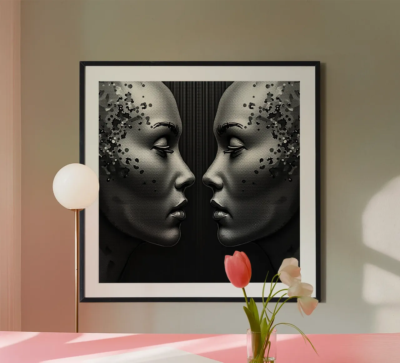 Specchio immagine_grigio_1 poster con telaio in alluminio da AI-Portraits by LK