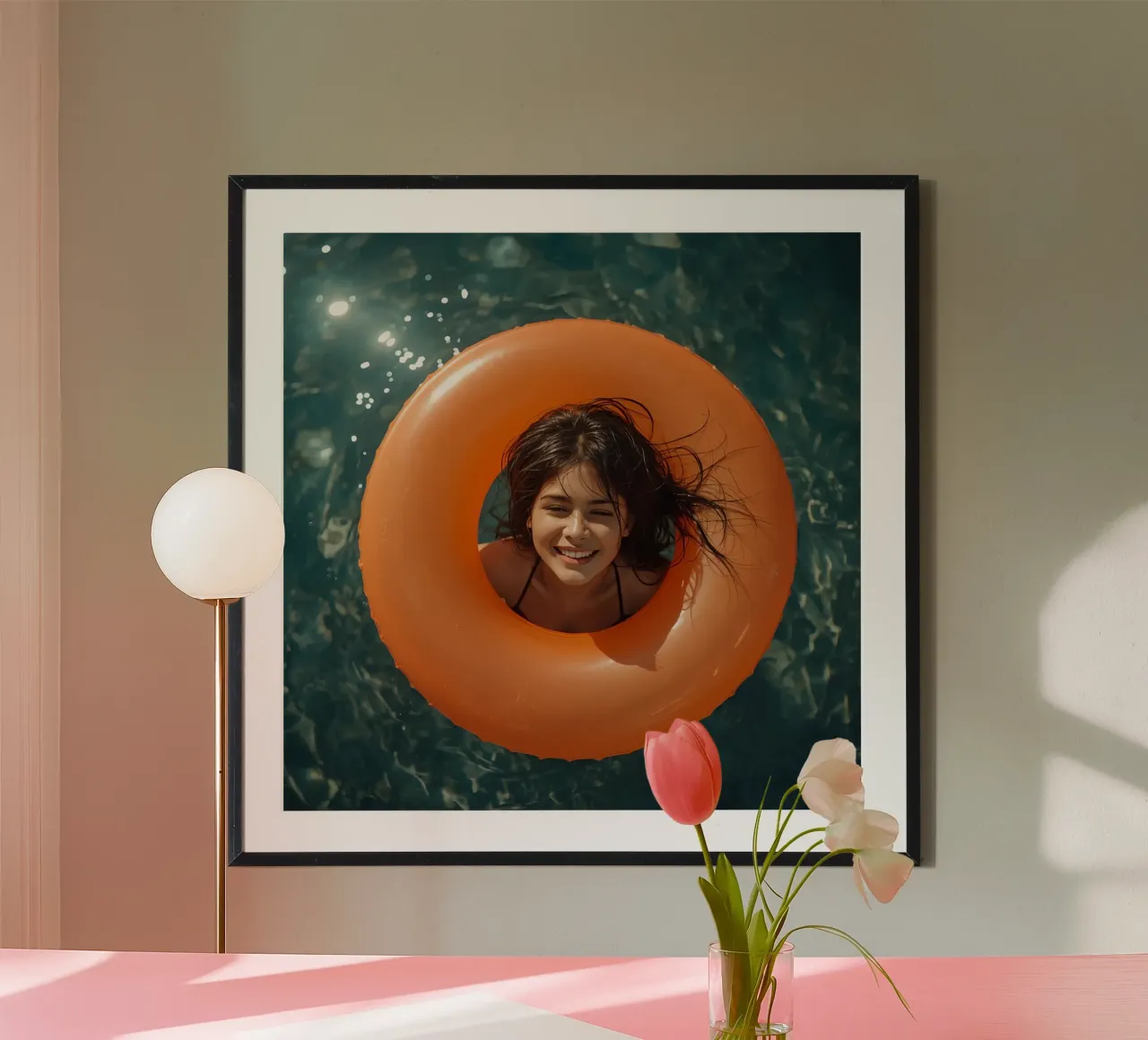 Donna con anello gonfiabile arancione in acqua poster con telaio in legno da DesignDoodle