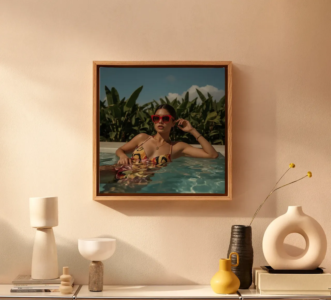 Vrouw in badpak en zonnebril in zwembad canvas met Baklijst van DesignDoodle