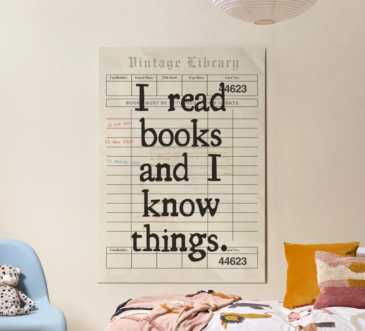 I Read Books & I Know Things (Leggo i libri e so le cose) Vintage Library Card Art (Carta della Biblioteca) poster con telaio in plastica da vintagepod