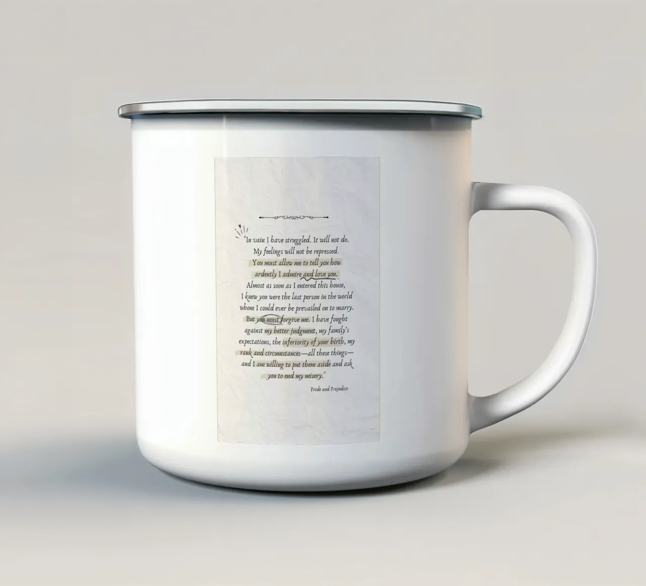 Citazione di Jane Austen Orgoglio e pregiudizio - Stampa d'amore tazza in smalto da vintagepod