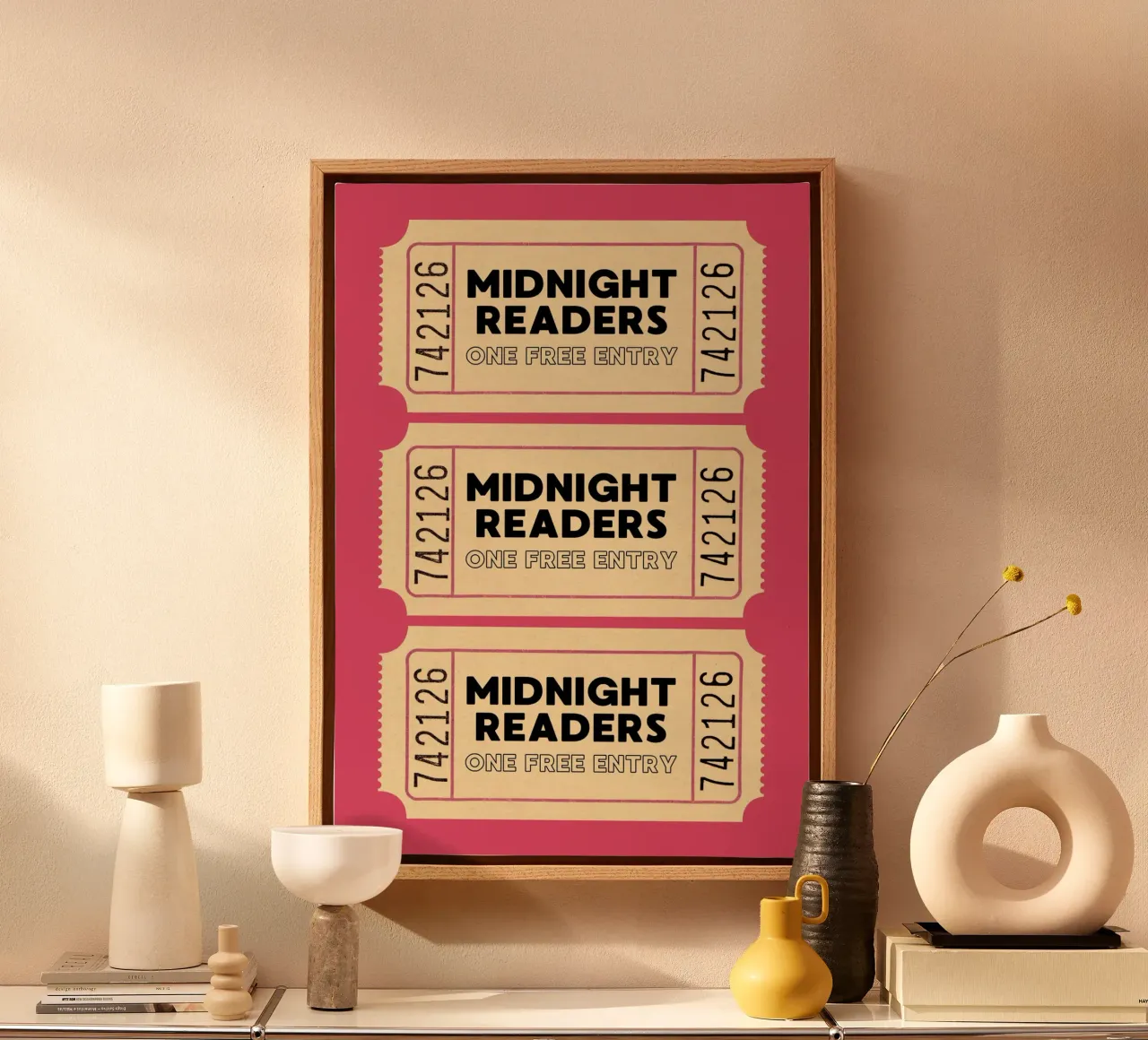 Poster per biglietti retro dei lettori di mezzanotte - Rosa tela con Cornice a cassetta da vintagepod