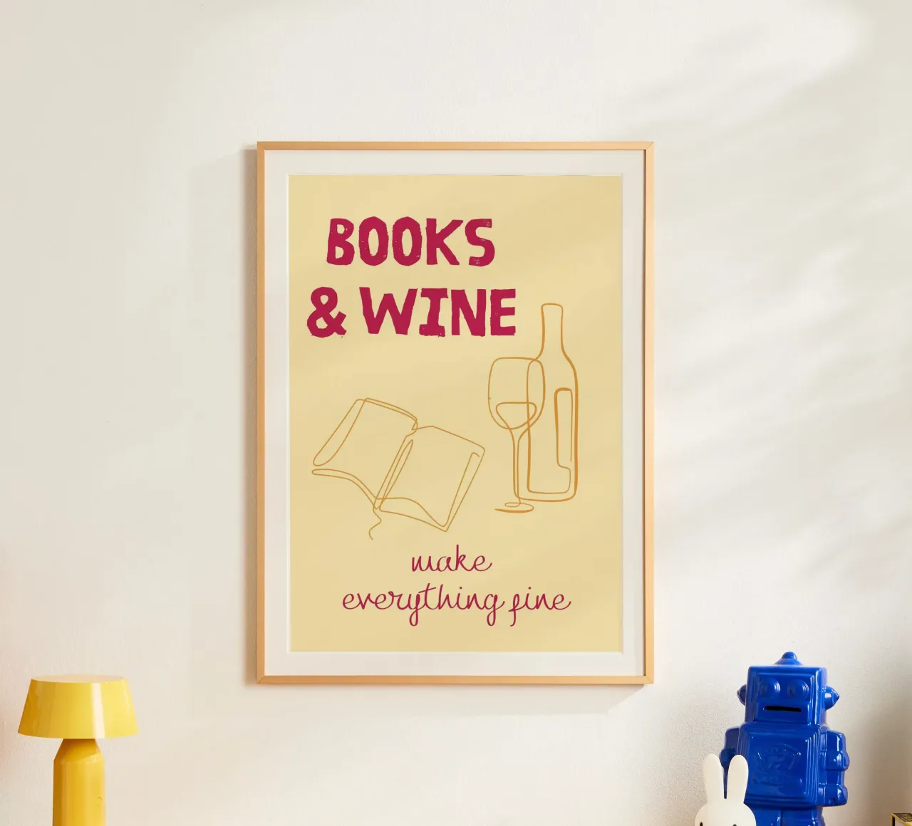 Libri e vino rendono tutto più bello poster con telaio in legno da vintagepod