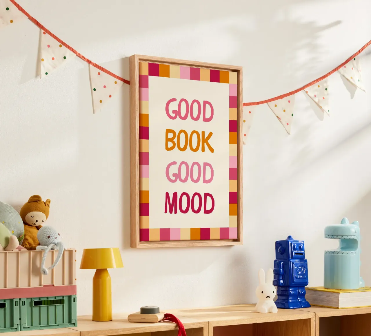 "Goed Boek Goede Stemming" Kleurrijke Esthetische Poster canvas met Baklijst van vintagepod