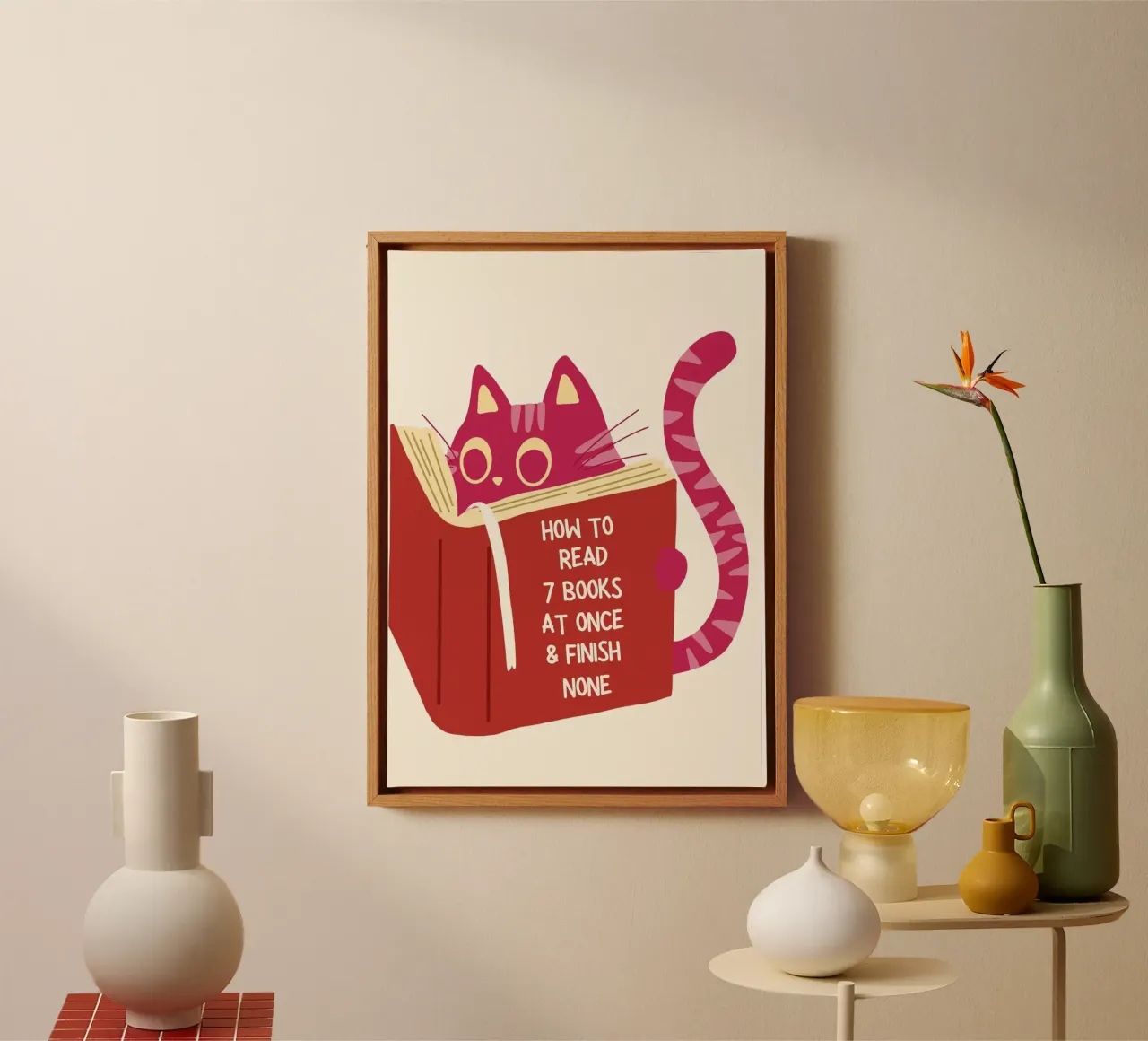Cat "How To Read 7 Books" Witty Poster canvas with Floater frame by vintagepod