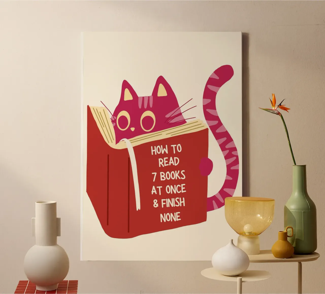 Cat "How To Read 7 Books" Witty Poster canvas with Floater frame by vintagepod