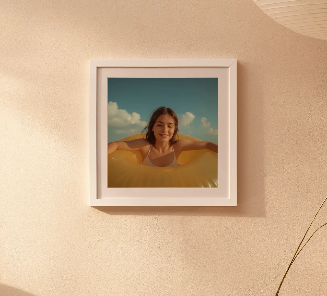 Femme en maillot de bain avec un anneau gonflable jaune poster avec cadre en aluminium de DesignDoodle
