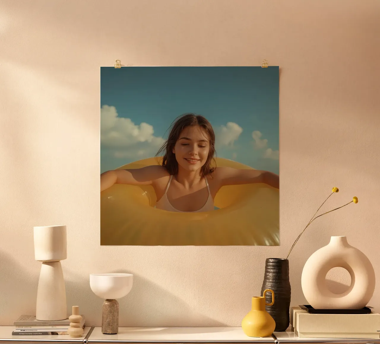 Femme en maillot de bain avec un anneau gonflable jaune poster avec cadre en aluminium de DesignDoodle
