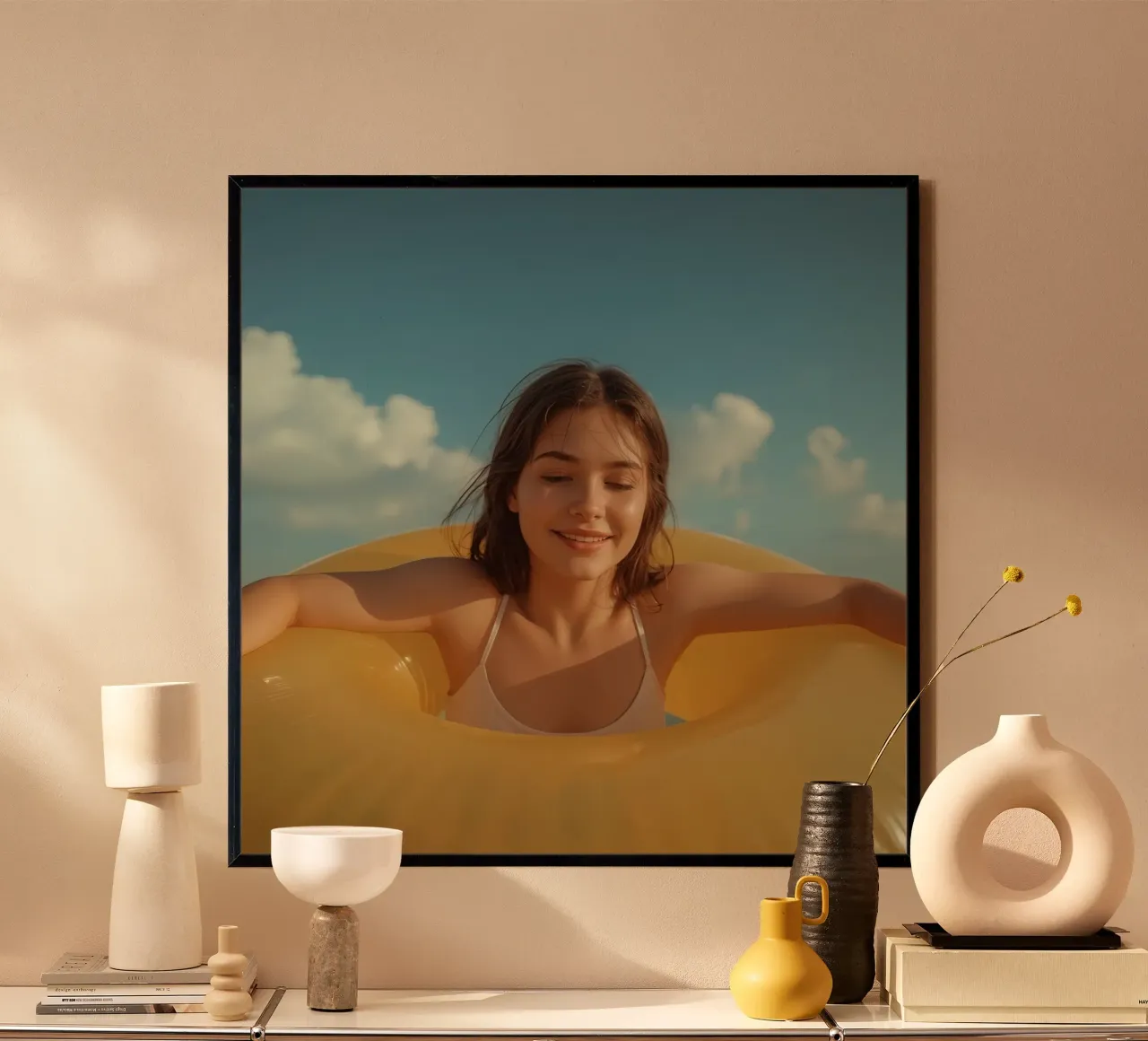 Femme en maillot de bain avec un anneau gonflable jaune poster avec cadre en aluminium de DesignDoodle