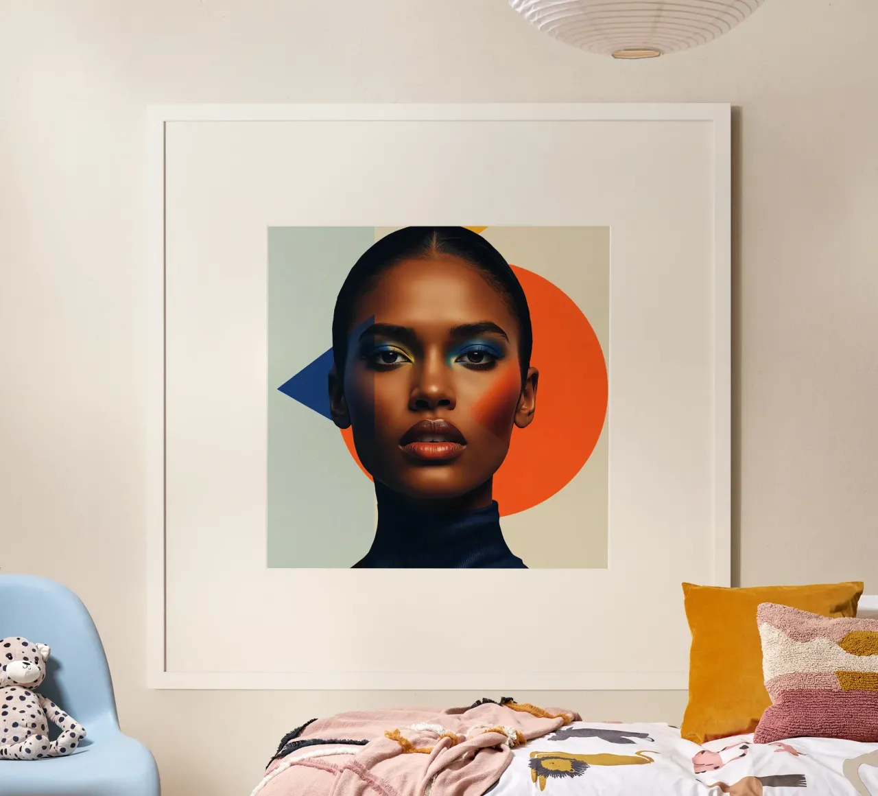 Ritratto di donna Elementi geometrici grafici e trucco audace poster con telaio in legno da DesignDoodle