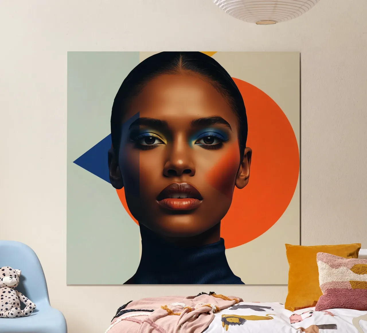 Ritratto di donna Elementi geometrici grafici e trucco audace poster con telaio in legno da DesignDoodle