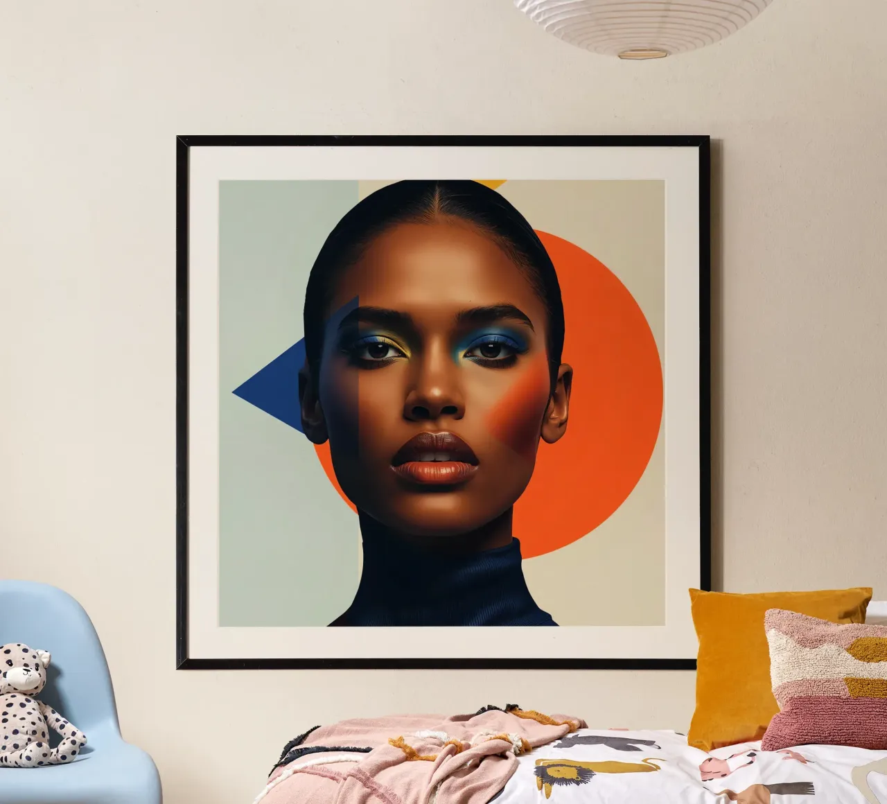 Ritratto di donna Elementi geometrici grafici e trucco audace poster con telaio in legno da DesignDoodle