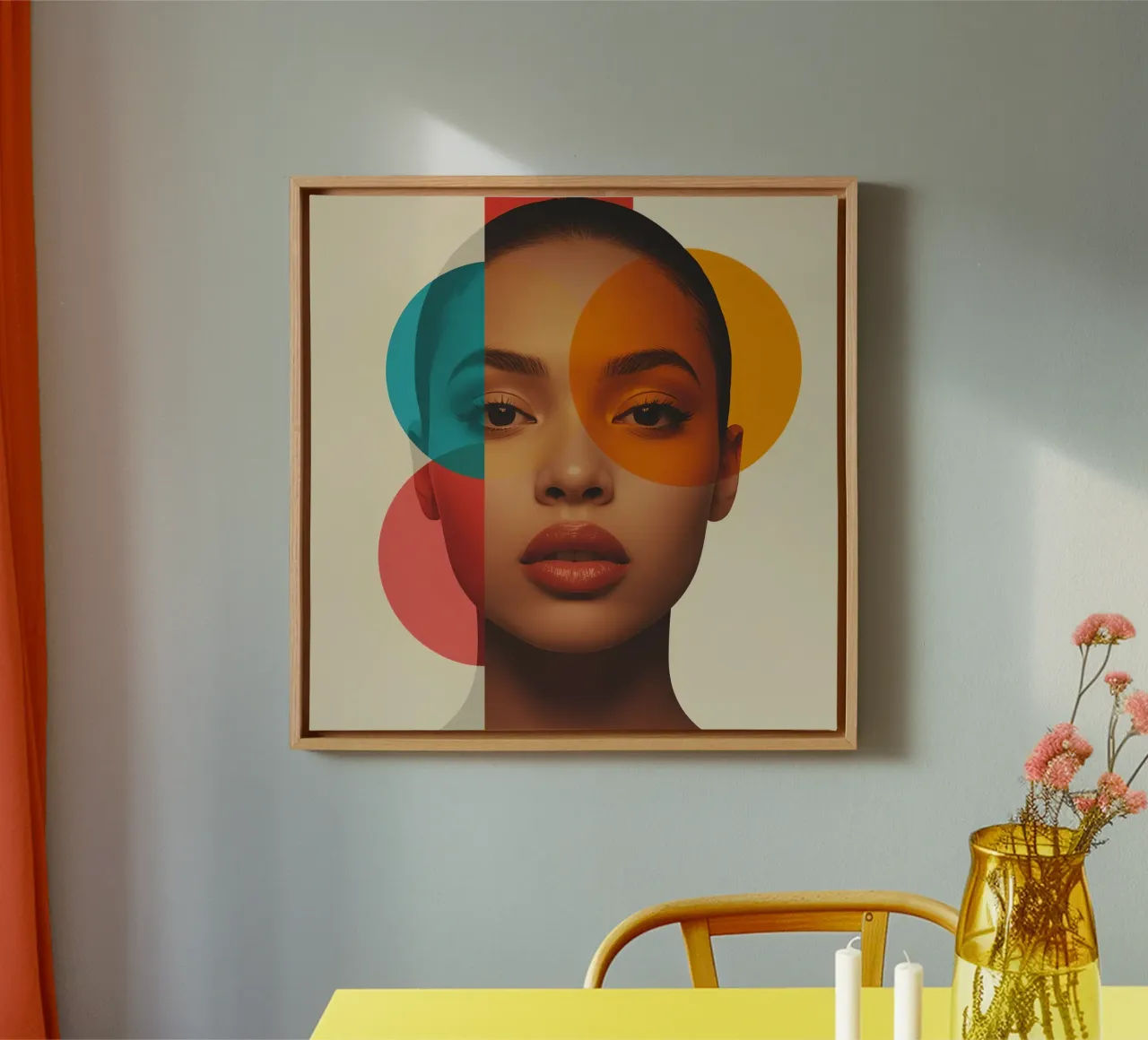 Woman Portrait with Abstract Overlapping Colored Circles canvas with Floater frame by DesignDoodle