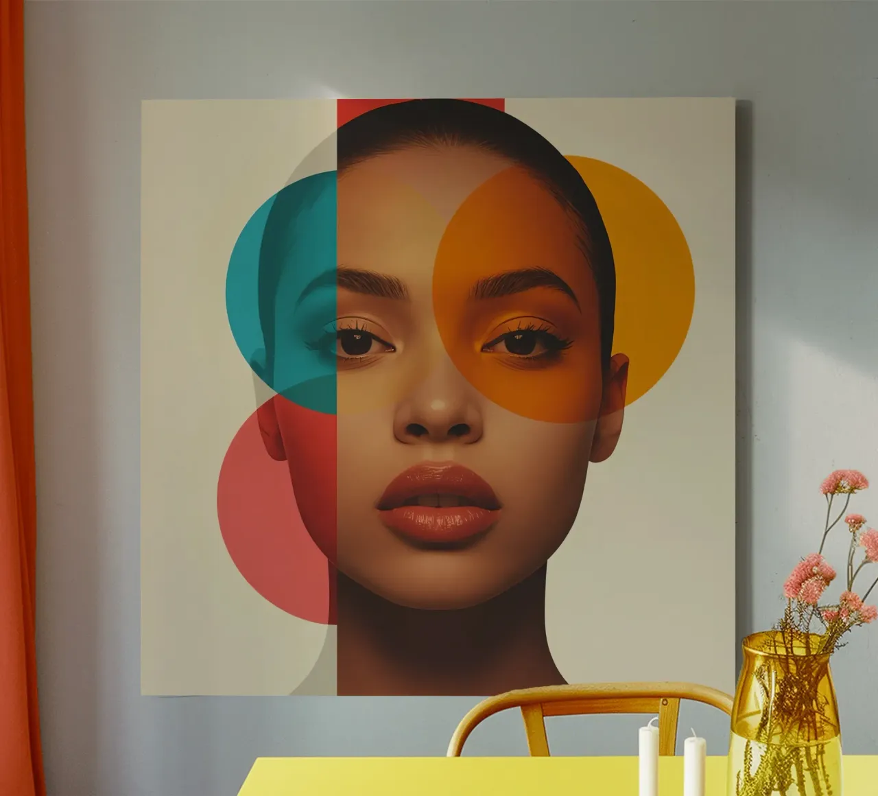 Woman Portrait with Abstract Overlapping Colored Circles canvas with Floater frame by DesignDoodle
