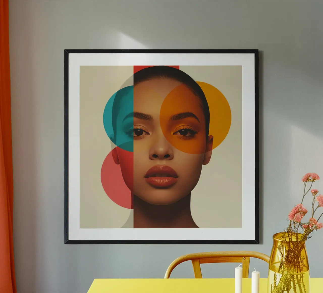 Ritratto di donna con sovrapposizione astratta di cerchi colorati poster con telaio in legno da DesignDoodle