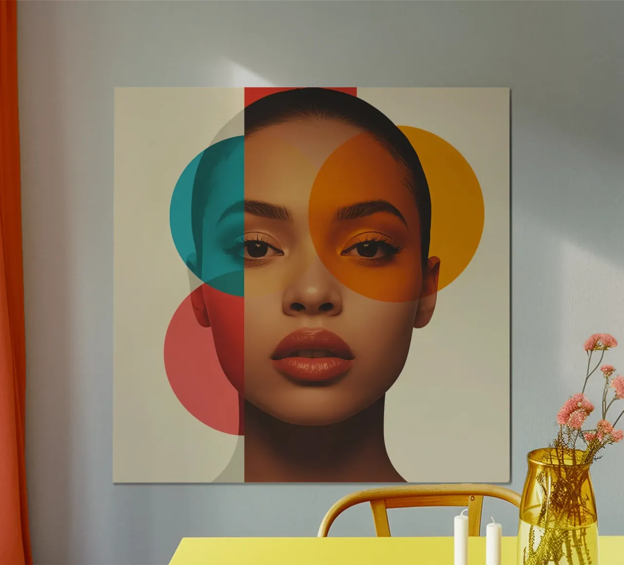 Ritratto di donna con sovrapposizione astratta di cerchi colorati poster con telaio in legno da DesignDoodle