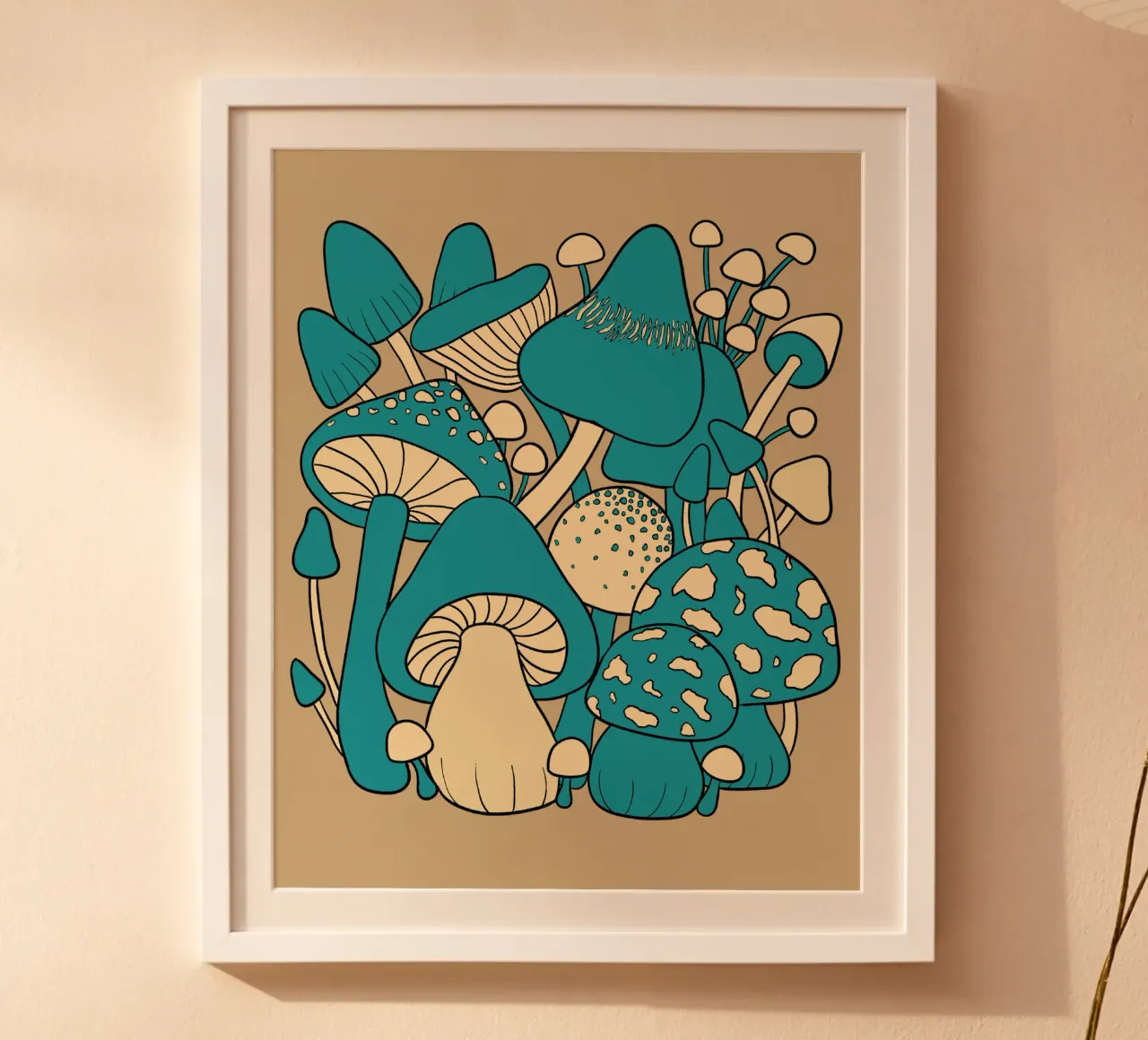 Blue retro Fungal Harvest Mushrooms poster by TijanaArtStudio88