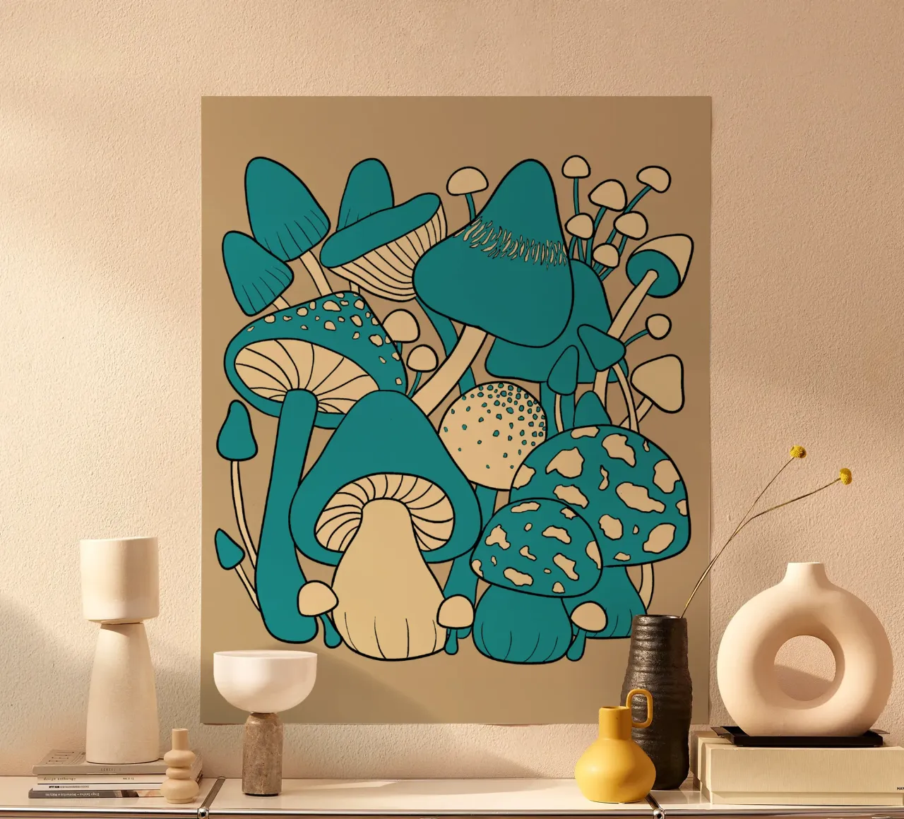 Blue retro Fungal Harvest Mushrooms poster by TijanaArtStudio88