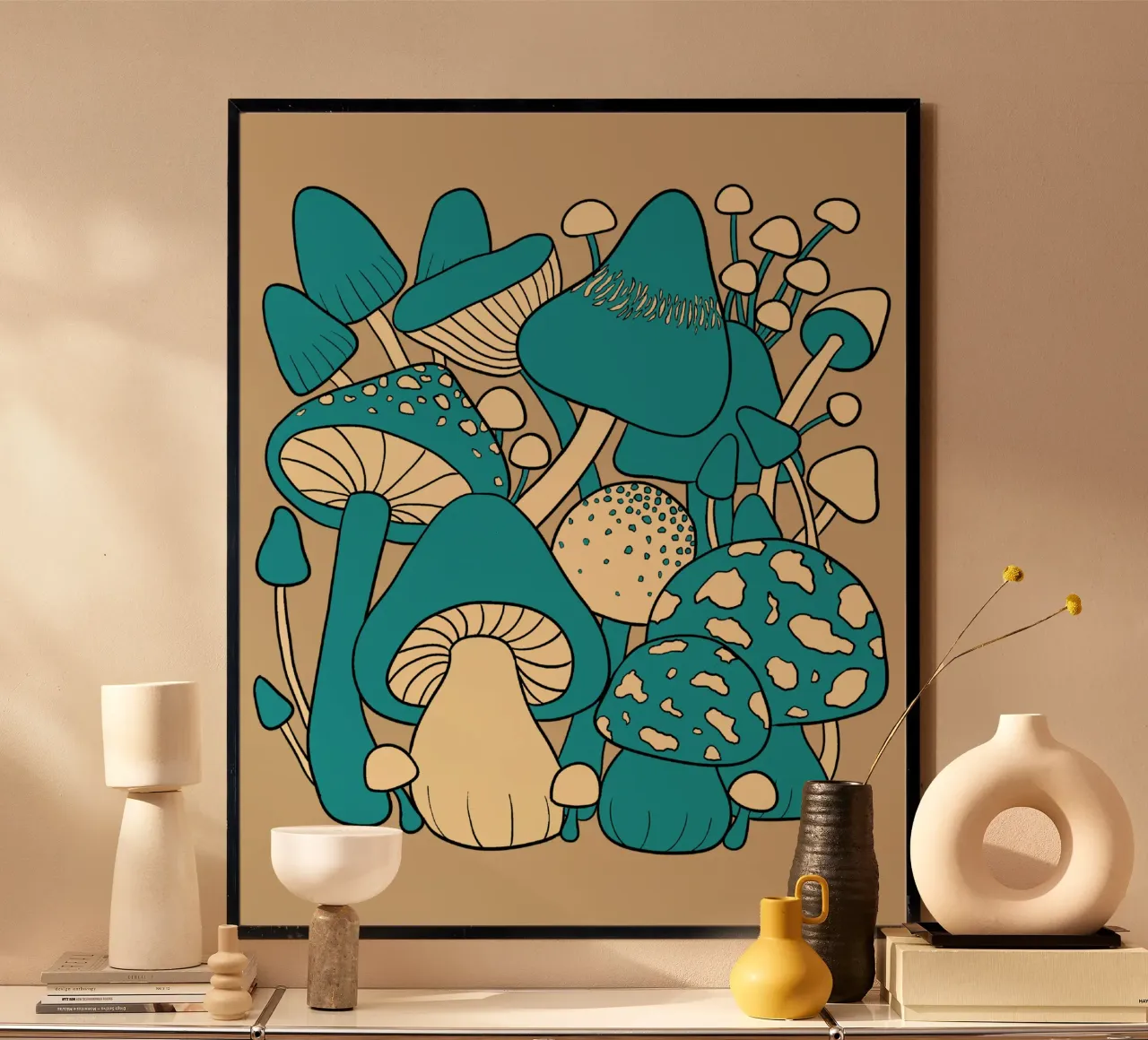 Blue retro Fungal Harvest Mushrooms poster by TijanaArtStudio88