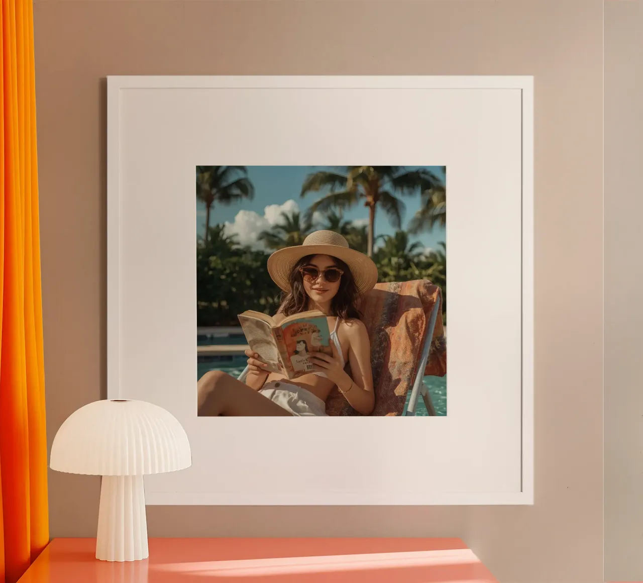 Donna che legge un libro su una sedia a sdraio in piscina poster con telaio in plastica da DesignDoodle