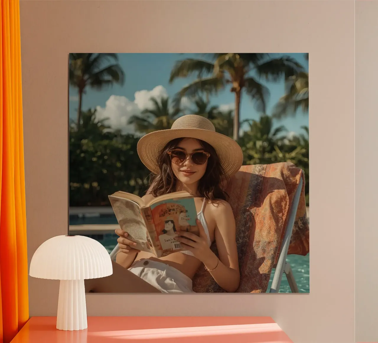 Donna che legge un libro su una sedia a sdraio in piscina poster con telaio in plastica da DesignDoodle