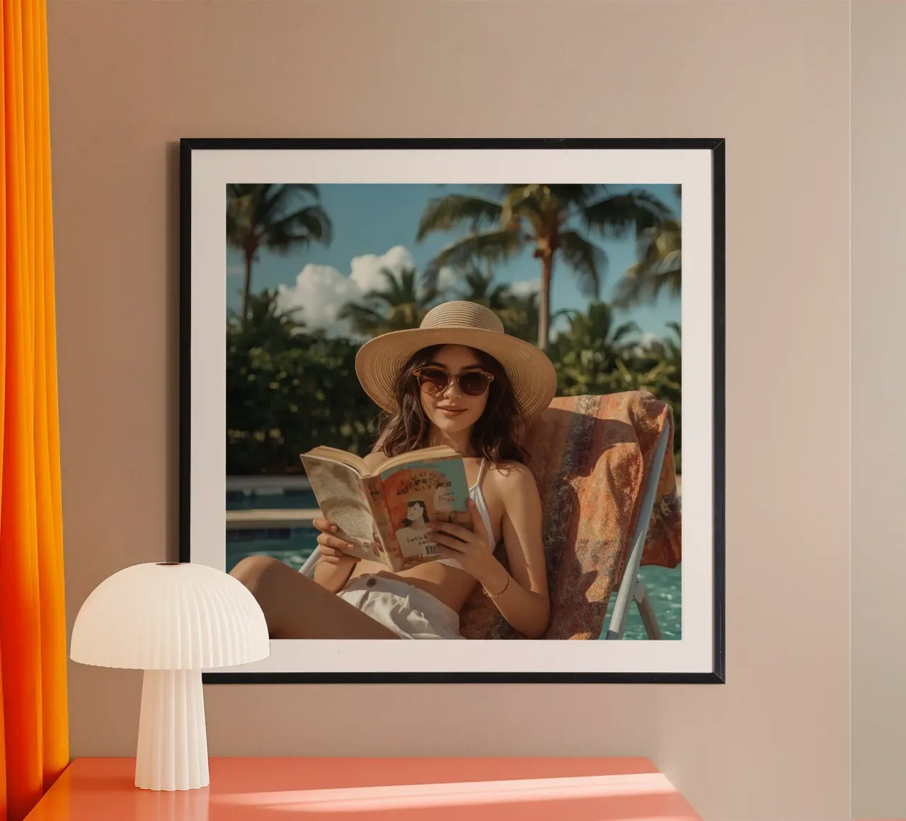 Donna che legge un libro su una sedia a sdraio in piscina poster con telaio in plastica da DesignDoodle