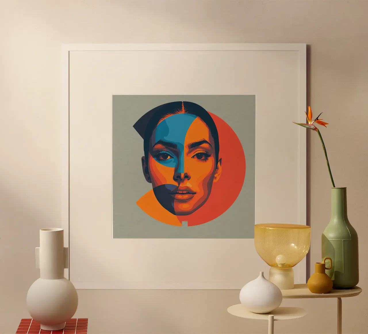 Portrait eines Frauengesichts in geometrischen Formen Poster mit Holzrahmen von DesignDoodle